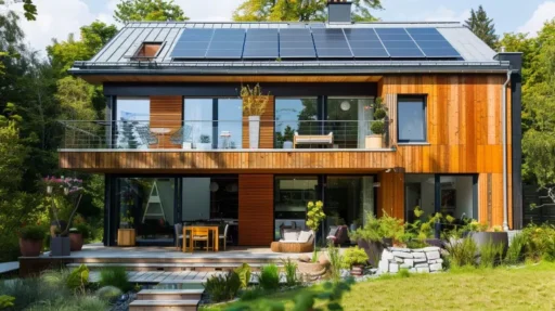 A modern two-story house with solar panels on the roof, large glass windows, and a wooden exterior. This eco-friendly home features a spacious patio area with outdoor furniture, surrounded by greenery and a well-maintained garden, making it perfect for those seeking a greener future.