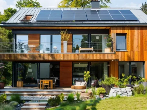 A modern two-story house with solar panels on the roof, large glass windows, and a wooden exterior. This eco-friendly home features a spacious patio area with outdoor furniture, surrounded by greenery and a well-maintained garden, making it perfect for those seeking a greener future.