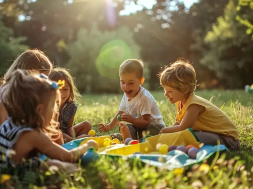 A group of young kids are sitting in a circle on the grass in a sunny park, playing with colorful balls. The sunlight filters through the trees, casting a warm glow over the scene. Other people can be seen in the background, enjoying outdoor activities that make this place feel like home.