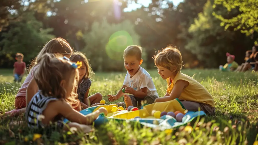 A group of young kids are sitting in a circle on the grass in a sunny park, playing with colorful balls. The sunlight filters through the trees, casting a warm glow over the scene. Other people can be seen in the background, enjoying outdoor activities that make this place feel like home.