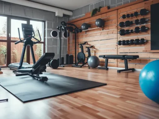 Create a modern home gym on a budget with hardwood floors, featuring equipment like an exercise bike, elliptical machine, weight racks with dumbbells, medicine balls, exercise mats, and stability balls. A large window on the left lets in natural light, and plants are visible outside.