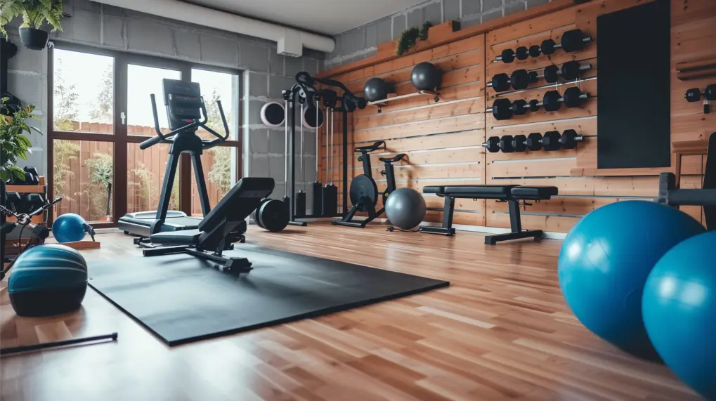 Create a modern home gym on a budget with hardwood floors, featuring equipment like an exercise bike, elliptical machine, weight racks with dumbbells, medicine balls, exercise mats, and stability balls. A large window on the left lets in natural light, and plants are visible outside.