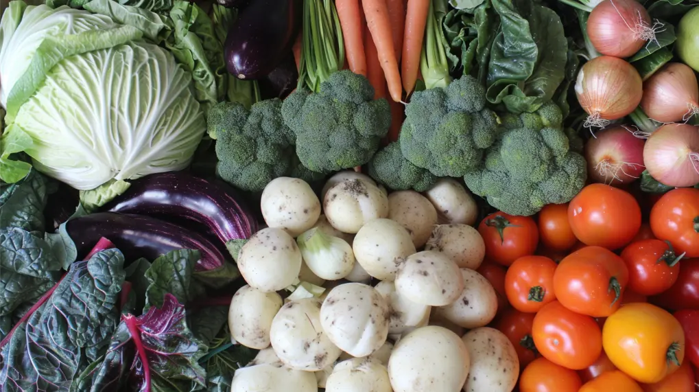 A variety of fresh organic vegetables arranged together, including cabbages, eggplants, broccoli, carrots, tomatoes, onions, and mushrooms. The colorful vegetables are laid out in a visually appealing manner, showcasing their vibrant and natural hues.