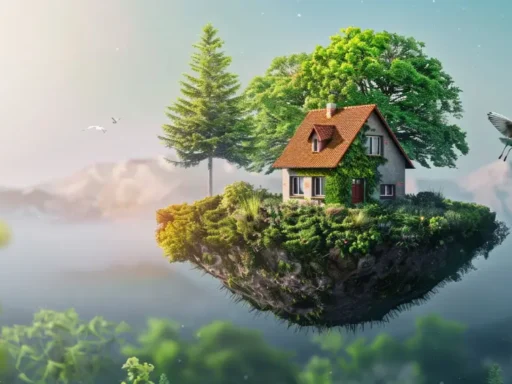 A quaint house with a red roof and chimney sits on a small, floating island in the sky, surrounded by lush trees and greenery. Birds fly nearby, and mountains are visible in the misty background under a light blue sky—an idyllic example of sustainable living to reduce carbon footprints.