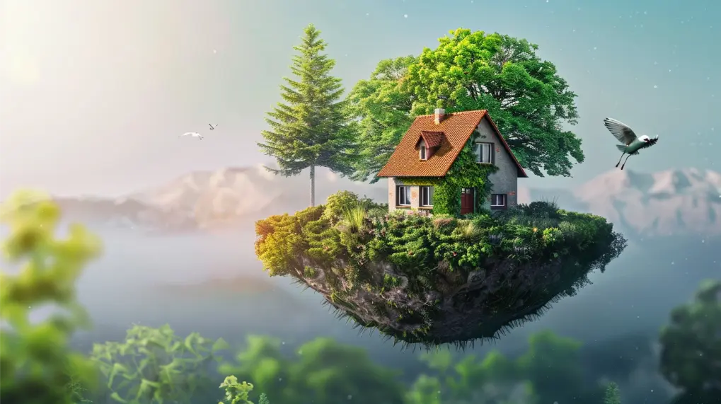 A quaint house with a red roof and chimney sits on a small, floating island in the sky, surrounded by lush trees and greenery. Birds fly nearby, and mountains are visible in the misty background under a light blue sky—an idyllic example of sustainable living to reduce carbon footprints.