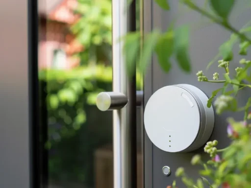 A smart lock, featuring the latest smart tech, is installed on a glass door surrounded by green foliage with a blurred background of a house and garden. The sleek, circular device features small indicator lights and appears modern and secure.