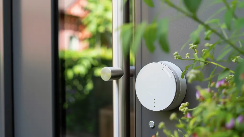 A smart lock, featuring the latest smart tech, is installed on a glass door surrounded by green foliage with a blurred background of a house and garden. The sleek, circular device features small indicator lights and appears modern and secure.