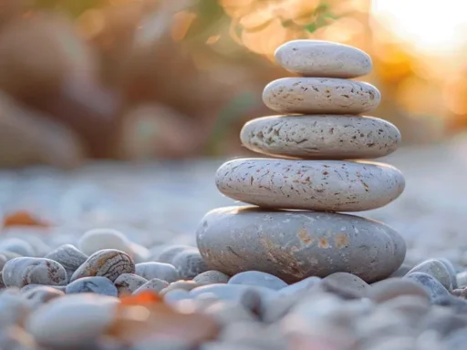 A stack of five smooth, rounded stones balanced on top of each other in a tranquil outdoor setting. The stones vary in size, with the largest at the bottom and smallest at the top. Amidst soft-focus sunlight and scattered pebbles, this peaceful scene embodies mindfulness—a perfect momentary escape from your daily routine.