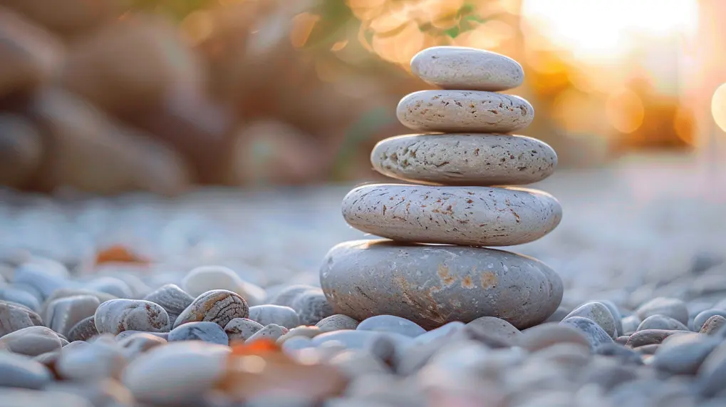 A stack of five smooth, rounded stones balanced on top of each other in a tranquil outdoor setting. The stones vary in size, with the largest at the bottom and smallest at the top. Amidst soft-focus sunlight and scattered pebbles, this peaceful scene embodies mindfulness—a perfect momentary escape from your daily routine.