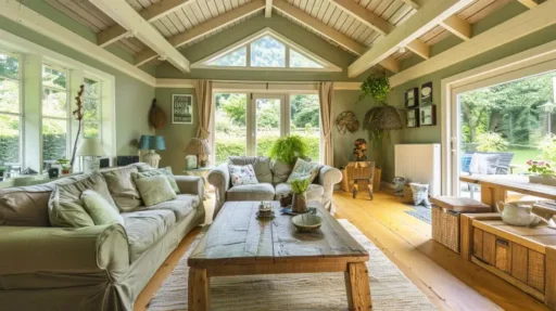 A cozy living room with wooden floors, a high peaked ceiling, and large windows. The space features light-colored couches, a rustic wooden coffee table, plants, and decor on the walls. Outside, a green garden is visible through the glass doors—perfect for family-friendly home design ideas.