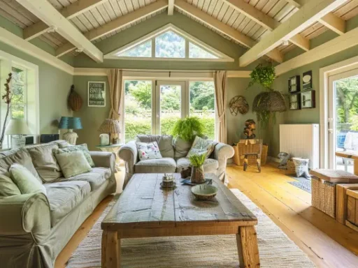 A cozy living room with wooden floors, a high peaked ceiling, and large windows. The space features light-colored couches, a rustic wooden coffee table, plants, and decor on the walls. Outside, a green garden is visible through the glass doors—perfect for family-friendly home design ideas.